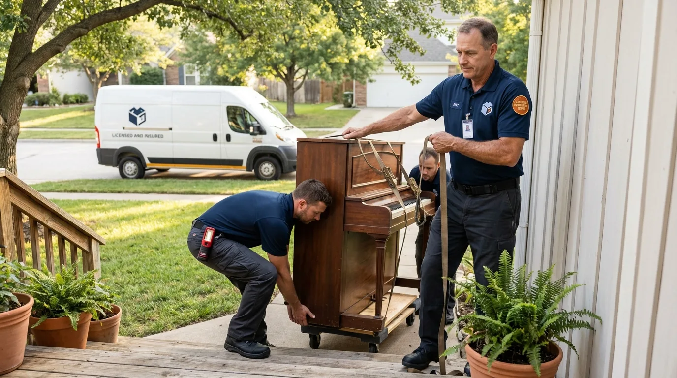 Licensed piano movers securing grand piano in Hudsonville, MI