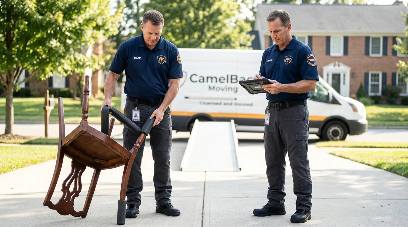 Movers inspecting furniture for damage prevention before loading in Hudsonville, MI