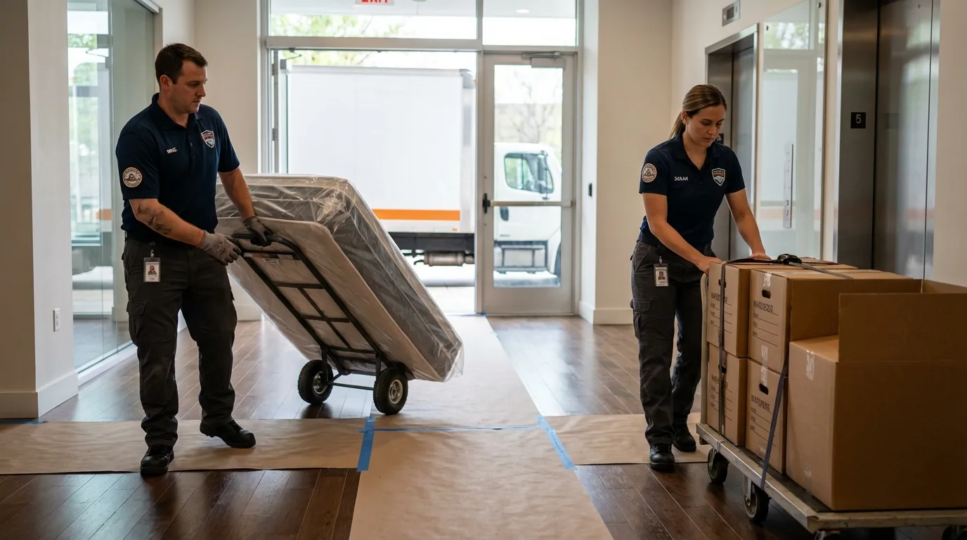 Professional apartment movers loading elevator in Hudsonville, MI