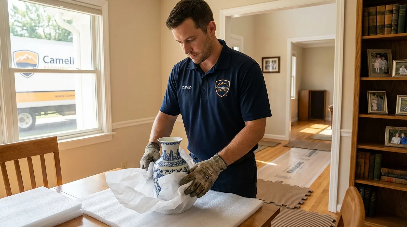 Professional crew carefully wrapping antique vase for senior downsizing move in Hudsonville, MI